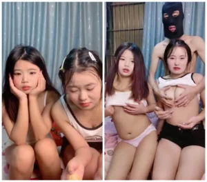 Chinese Petite Lingerie Dildo: Four Asian Girls Ride and Suck Cock on Bed
