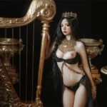 Petite Japanese Lingerie Bedroom: Solo Asian Beauty in Black & Gold Spreads Legs with Scissors 6 petite japanese lingerie bedroom