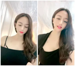 Petite Chinese Girl with Black Hair Fucks Herself in Bedroom Wearing Black Stockings