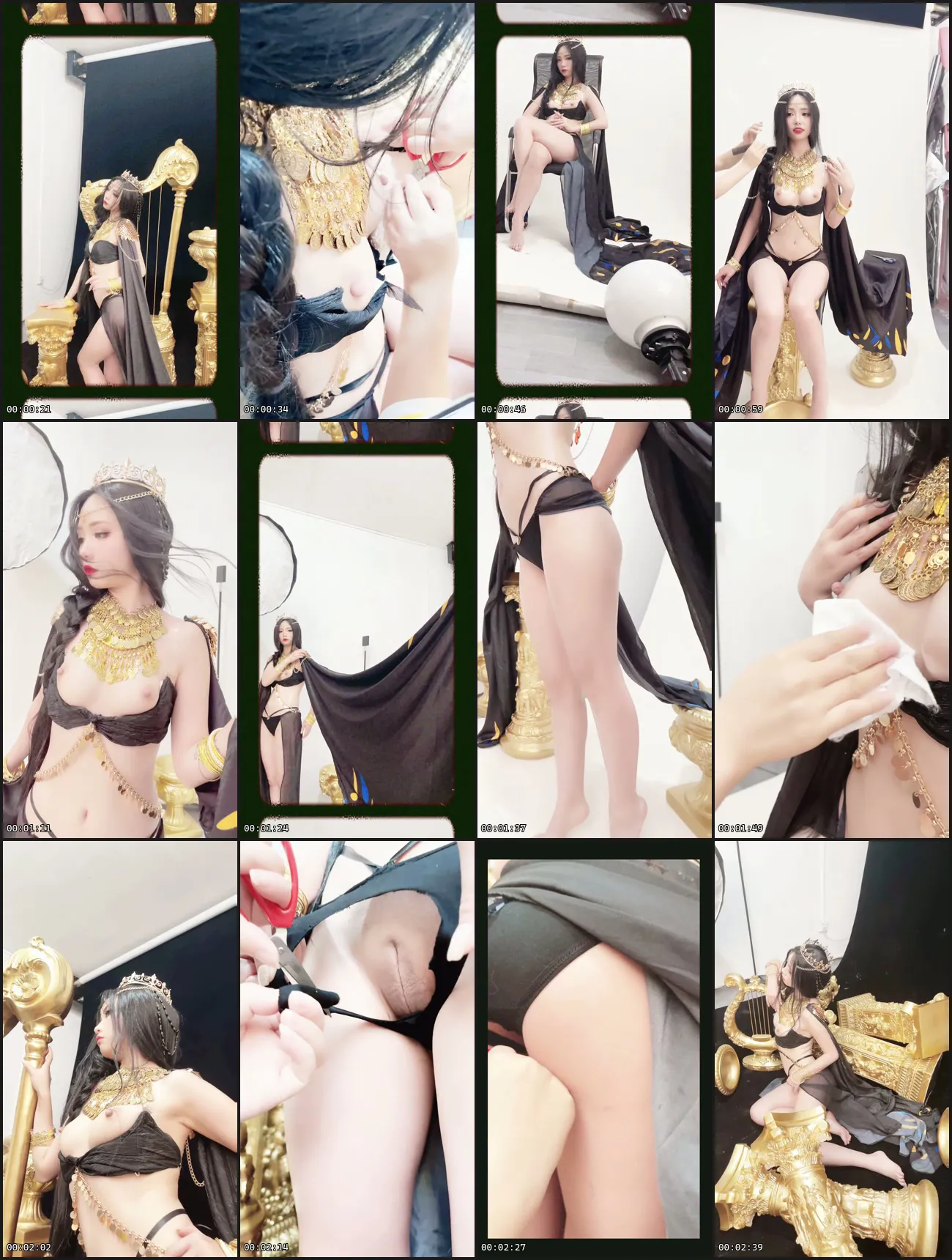 Petite Japanese Lingerie Bedroom: Solo Asian Beauty in Black & Gold Spreads Legs with Scissors 12 petite japanese lingerie bedroom screenlist