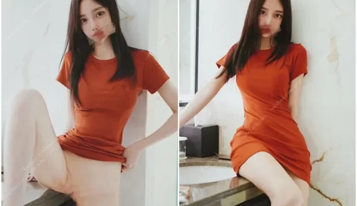 Screenshot 1 from East Asian Solo Amateur — Mirror Self-Shot in Casual Orange Dress & Floral PJs