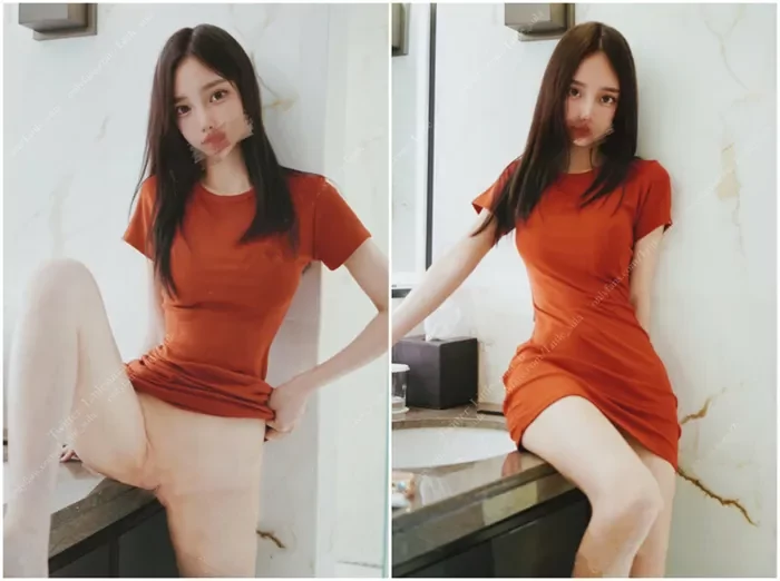 East Asian Solo Amateur — Mirror Self-Shot in Casual Orange Dress & Floral PJs